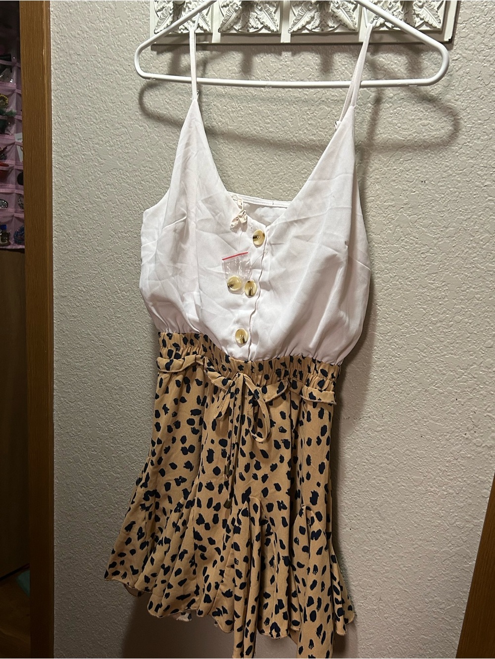 Main Strip White Top with Tan and Black Spotted Skirt Midi Dress - Picture 2 of 9